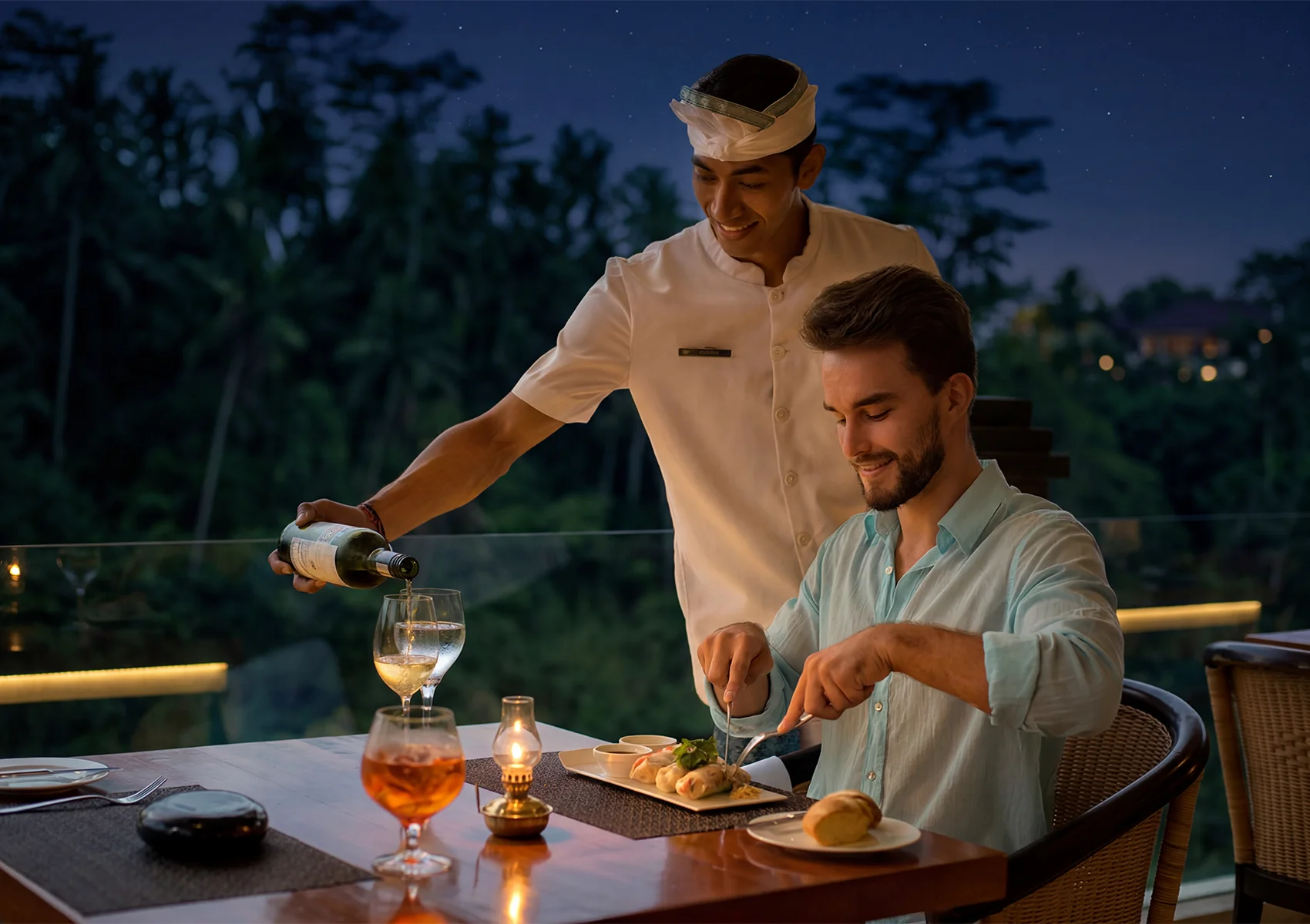 Dining experience at Bali restaurant with personalised service and jungle evening views