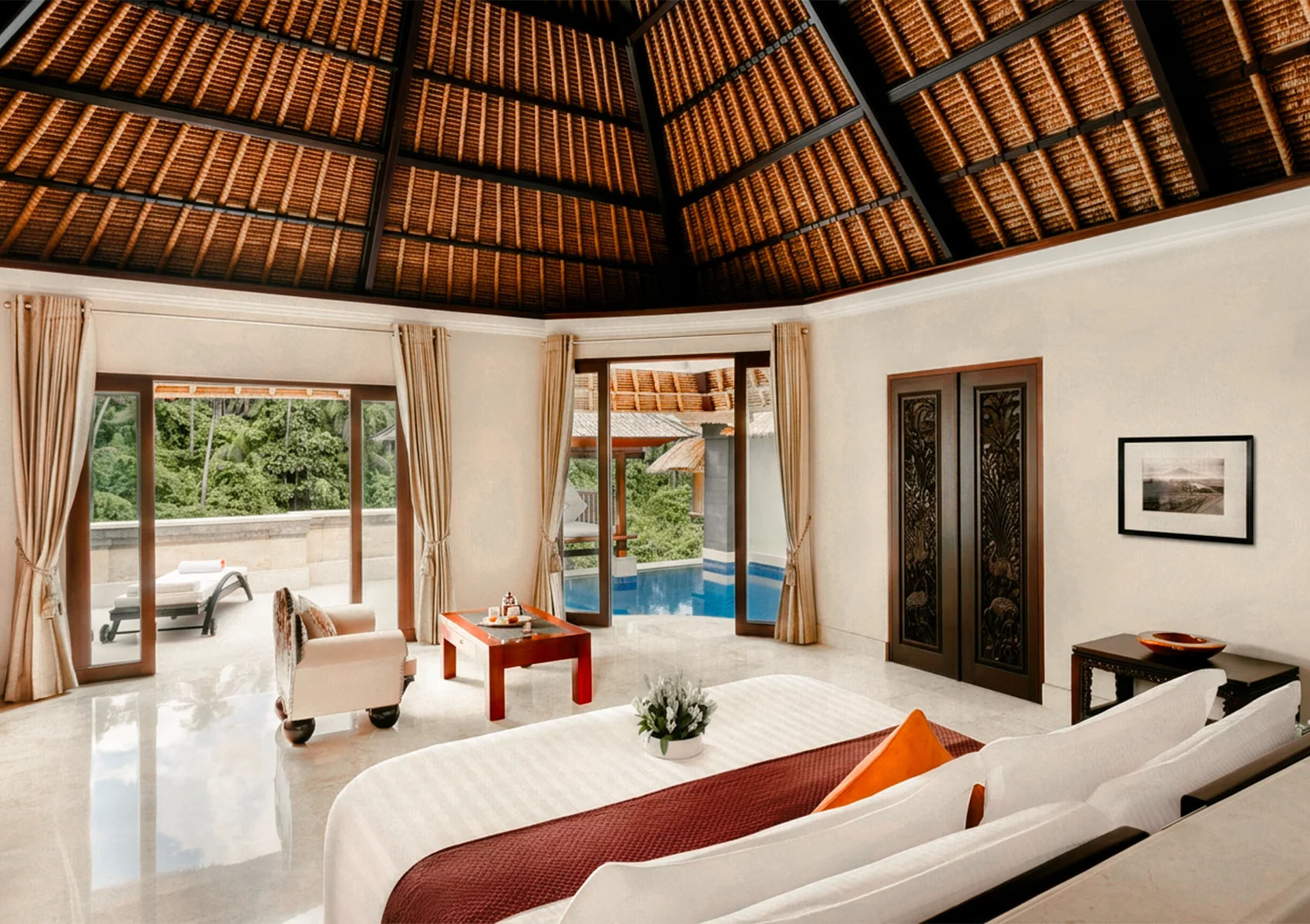 Luxury Terrace Villa at Viceroy Bali with high Balinese ceilings, elegant tropical interiors, a private pool, and peaceful jungle views for a romantic couples retreat in Ubud