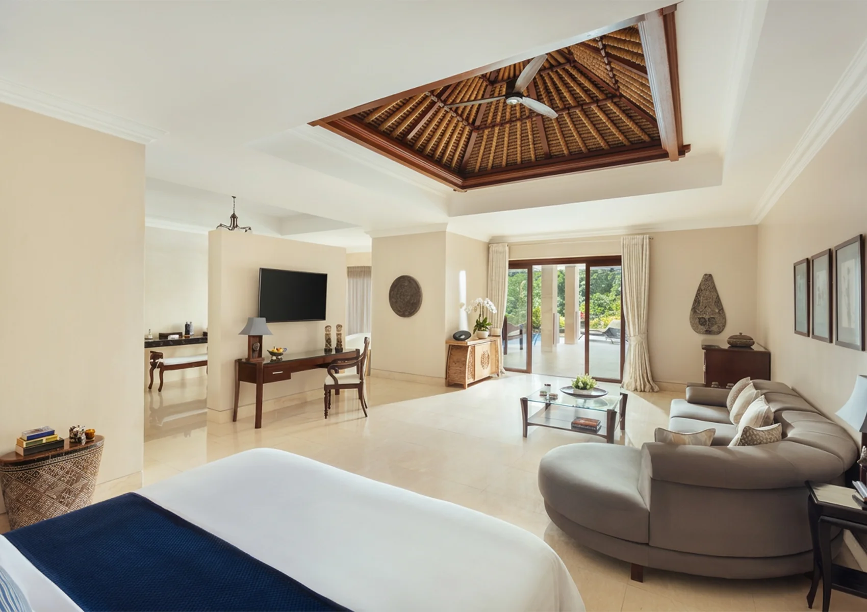 Spacious Vice Regal Villa at Viceroy Bali featuring elegant tropical interiors, luxury living spaces, traditional Balinese ceiling design, and a private romantic retreat atmosphere for couples in Ubud